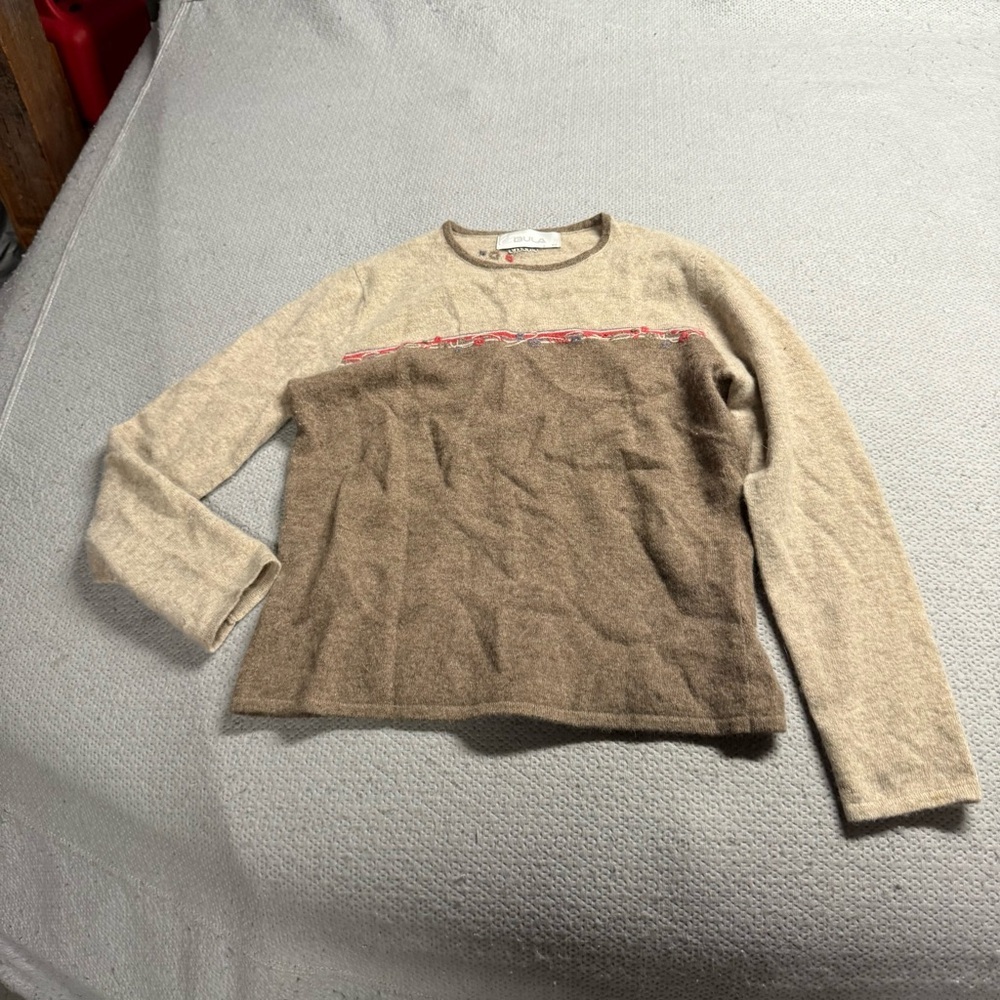 Bula Women’s Vintage Sweater Brown Beige Lambswool & Angora blend Crewneck Small